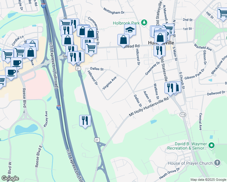 map of restaurants, bars, coffee shops, grocery stores, and more near 107 Virginia Avenue in Huntersville