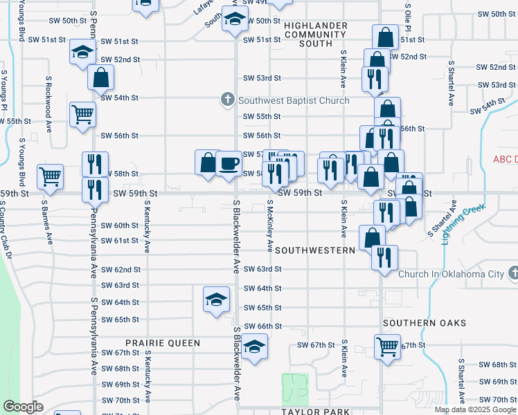 map of restaurants, bars, coffee shops, grocery stores, and more near 1208 Southwest 59th Street in Oklahoma City