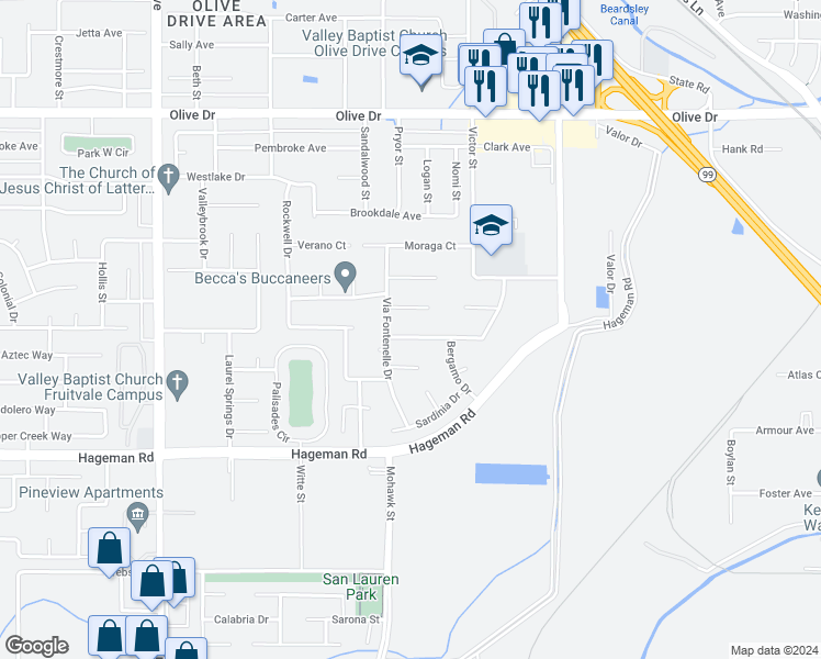 map of restaurants, bars, coffee shops, grocery stores, and more near 5513 Sicily Court in Bakersfield