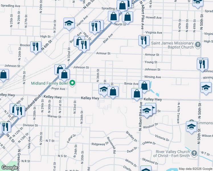 map of restaurants, bars, coffee shops, grocery stores, and more near 3621 Birnie Avenue in Fort Smith