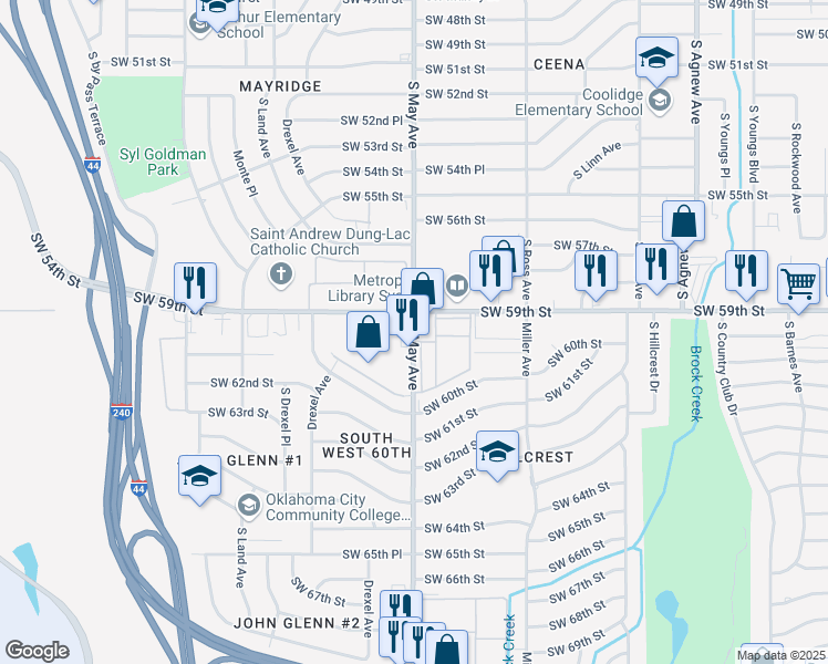 map of restaurants, bars, coffee shops, grocery stores, and more near 6020 South May Avenue in Oklahoma City