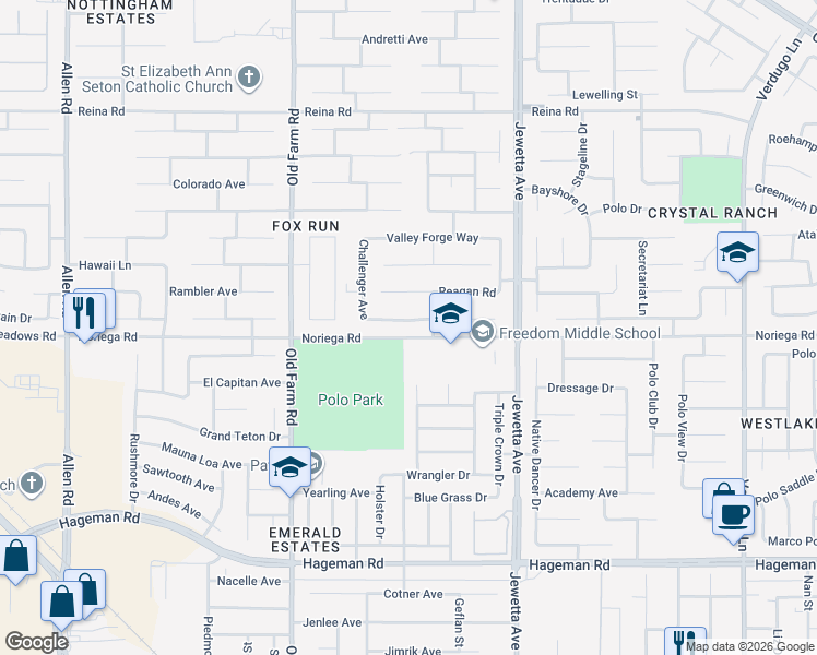 map of restaurants, bars, coffee shops, grocery stores, and more near 11600 Presidential Road in Bakersfield