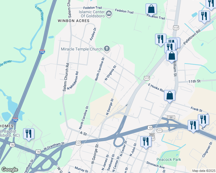 map of restaurants, bars, coffee shops, grocery stores, and more near 306 Level Street in Goldsboro