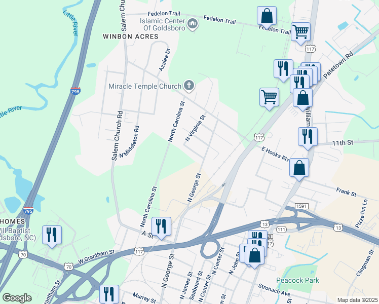 map of restaurants, bars, coffee shops, grocery stores, and more near 306 Level Street in Goldsboro