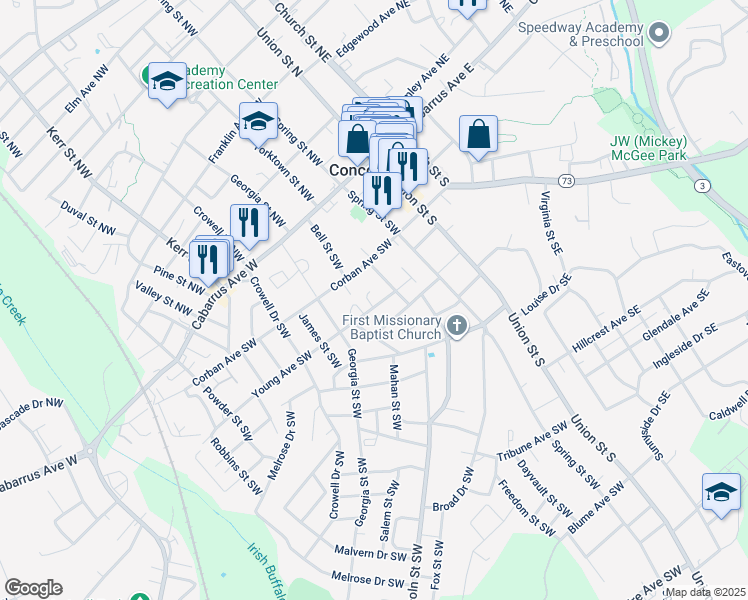 map of restaurants, bars, coffee shops, grocery stores, and more near 94 Young Avenue Southwest in Concord