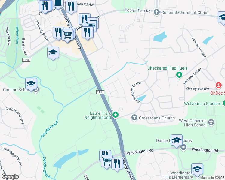 map of restaurants, bars, coffee shops, grocery stores, and more near 2533 Serenade Avenue Northwest in Concord