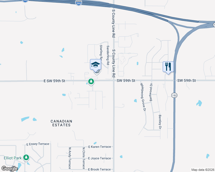 map of restaurants, bars, coffee shops, grocery stores, and more near 9301 Southwest 59th Street in Mustang