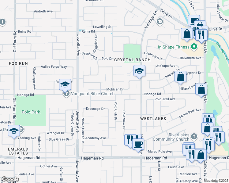 map of restaurants, bars, coffee shops, grocery stores, and more near 10805 Mohican Drive in Bakersfield
