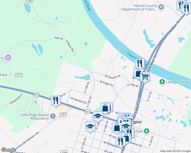 map of restaurants, bars, coffee shops, grocery stores, and more near 510 West Duncan Street in Lillington