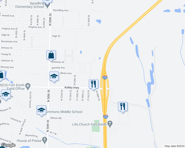 map of restaurants, bars, coffee shops, grocery stores, and more near 2700 Koller Street in Fort Smith