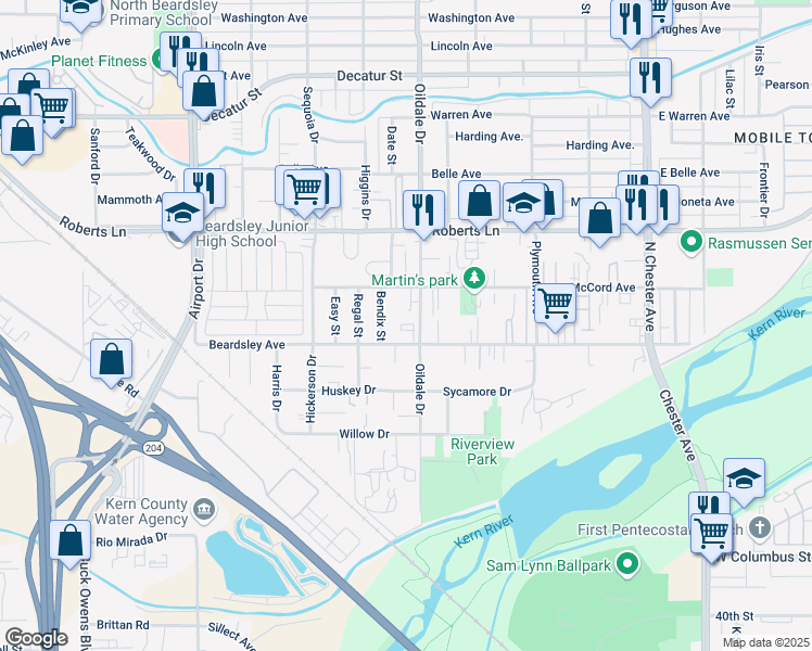 map of restaurants, bars, coffee shops, grocery stores, and more near 124 Bendix Street in Bakersfield