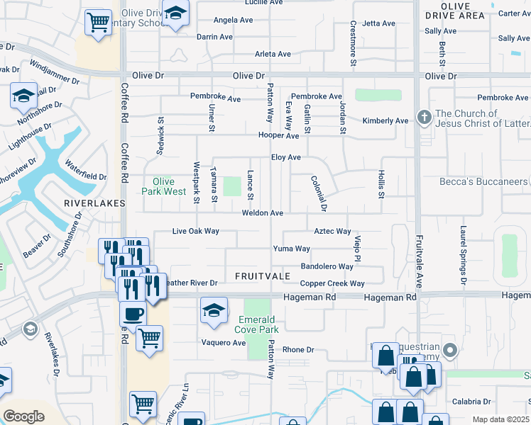 map of restaurants, bars, coffee shops, grocery stores, and more near 7350 Weldon Avenue in Bakersfield
