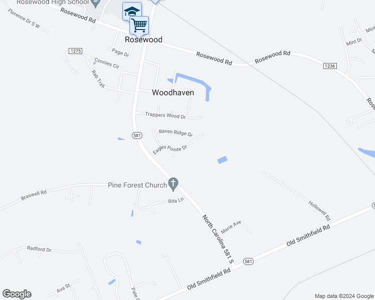 map of restaurants, bars, coffee shops, grocery stores, and more near 304 Eagles Pointe Drive in Goldsboro