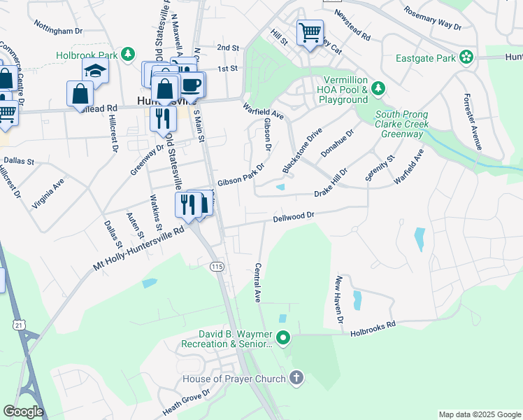 map of restaurants, bars, coffee shops, grocery stores, and more near 106 Whispering Pines Lane in Huntersville