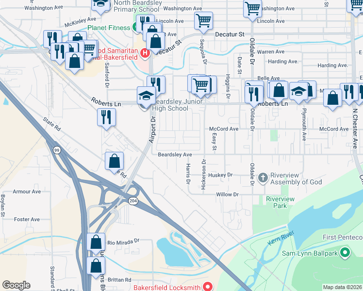 map of restaurants, bars, coffee shops, grocery stores, and more near 2 Cedarwood Lane in Bakersfield
