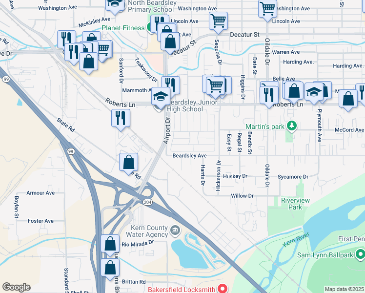 map of restaurants, bars, coffee shops, grocery stores, and more near 35 Cedarwood Lane in Bakersfield