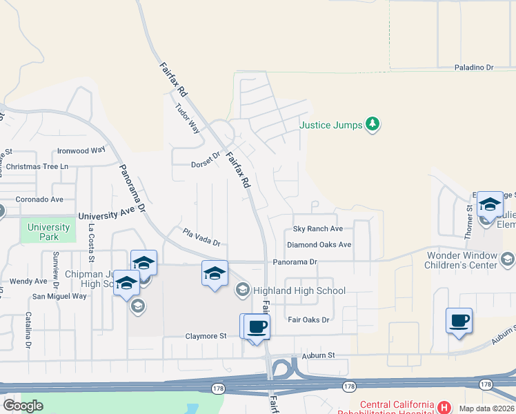 map of restaurants, bars, coffee shops, grocery stores, and more near 5713 Fairfax Road in Bakersfield