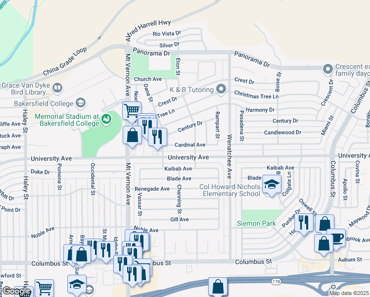 map of restaurants, bars, coffee shops, grocery stores, and more near 3600 Eton Street in Bakersfield