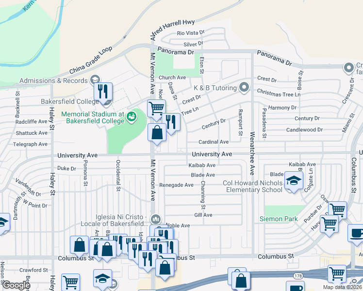 map of restaurants, bars, coffee shops, grocery stores, and more near 3600 Dana Street in Bakersfield