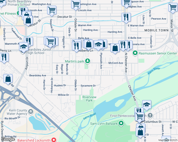 map of restaurants, bars, coffee shops, grocery stores, and more near 325 McCord Avenue in Bakersfield