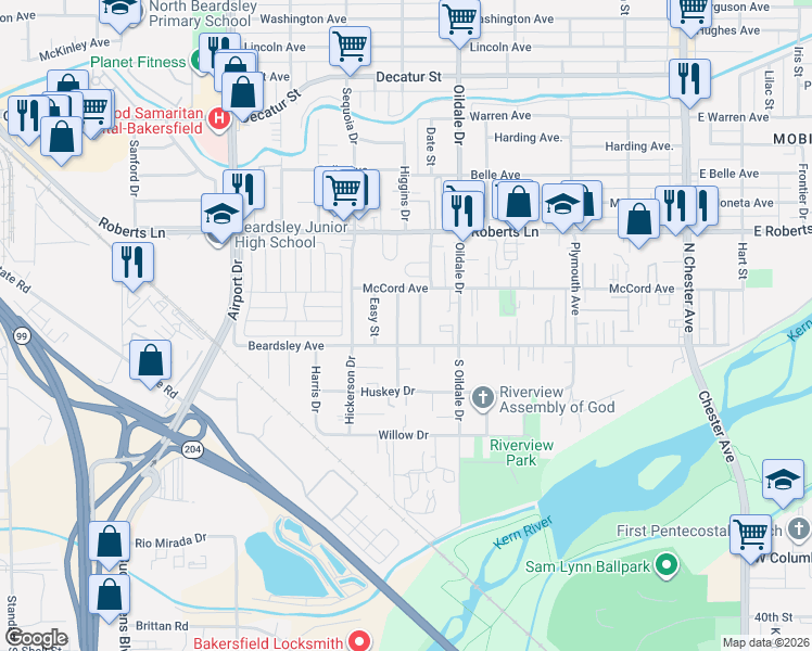 map of restaurants, bars, coffee shops, grocery stores, and more near 121 Regal Street in Bakersfield