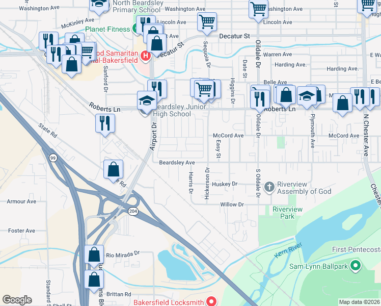 map of restaurants, bars, coffee shops, grocery stores, and more near 143 Fernwood Lane in Bakersfield