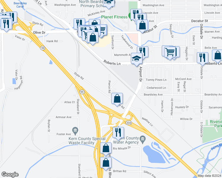 map of restaurants, bars, coffee shops, grocery stores, and more near 5108 Pierce Place in Bakersfield