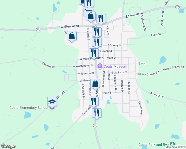 map of restaurants, bars, coffee shops, grocery stores, and more near 114 South Carrie Street in Coats