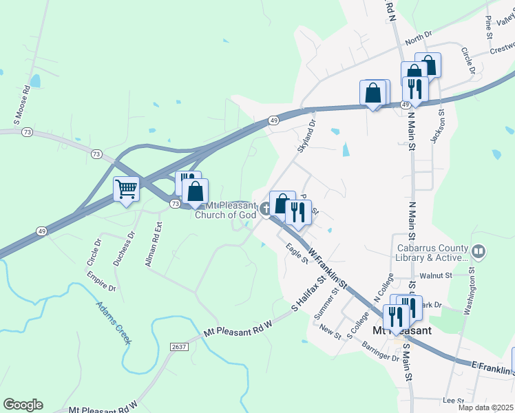 map of restaurants, bars, coffee shops, grocery stores, and more near 7859 North Carolina 73 in Mount Pleasant