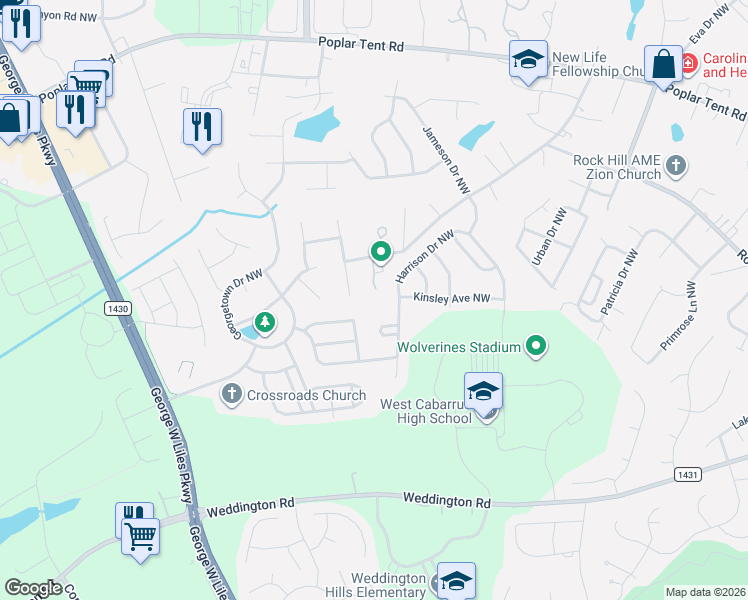 map of restaurants, bars, coffee shops, grocery stores, and more near 533 Montgrove Place Northwest in Concord