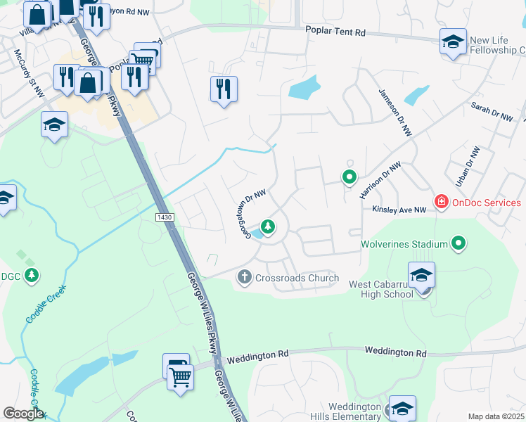 map of restaurants, bars, coffee shops, grocery stores, and more near 2569 Danbury Circle Drive Northwest in Concord