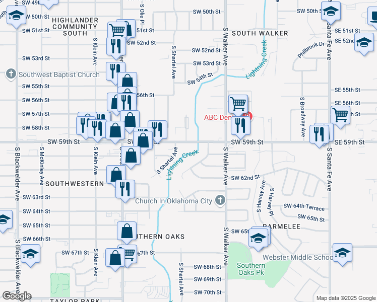 map of restaurants, bars, coffee shops, grocery stores, and more near 608 Southwest 59th Street in Oklahoma City