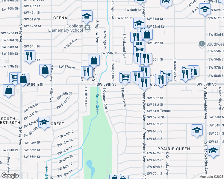 map of restaurants, bars, coffee shops, grocery stores, and more near 2228 Southwest 59th Street in Oklahoma City