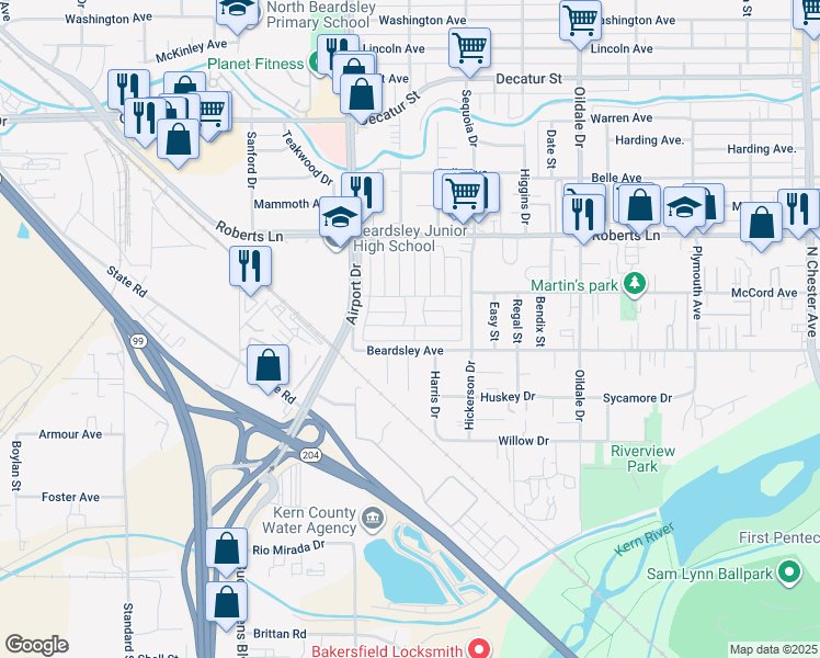 map of restaurants, bars, coffee shops, grocery stores, and more near 35 Cedarwood Lane in Bakersfield