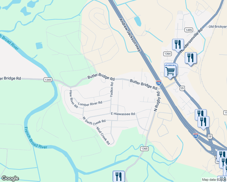 map of restaurants, bars, coffee shops, grocery stores, and more near 75 Yadkin Road in Fletcher