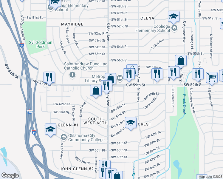 map of restaurants, bars, coffee shops, grocery stores, and more near 2840 Southwest 59th Street in Oklahoma City