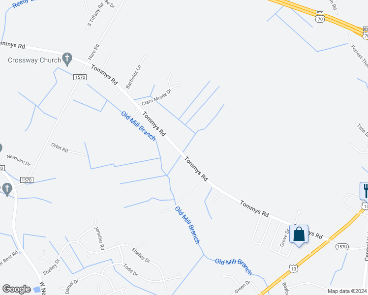 map of restaurants, bars, coffee shops, grocery stores, and more near 1717 Tommys Road in Goldsboro