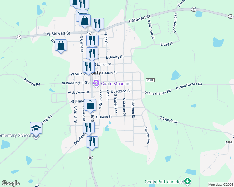 map of restaurants, bars, coffee shops, grocery stores, and more near 155 South Isabella Street in Coats