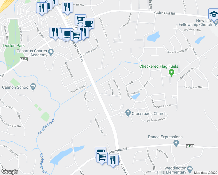map of restaurants, bars, coffee shops, grocery stores, and more near 2537 Serenade Avenue Northwest in Concord