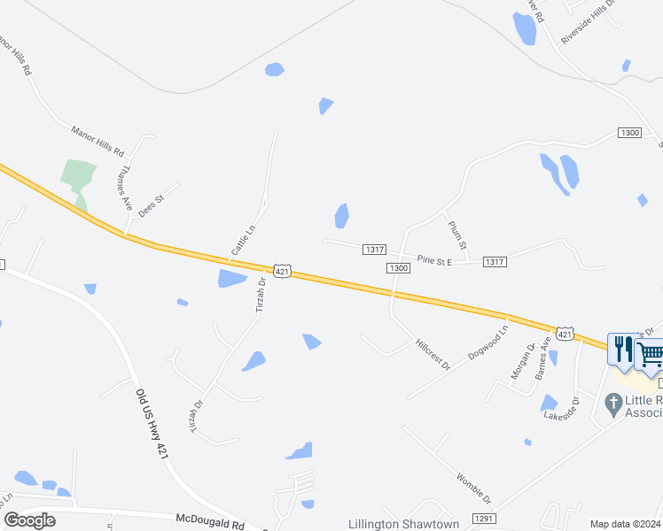 map of restaurants, bars, coffee shops, grocery stores, and more near 1578 U.S. 421 in Lillington