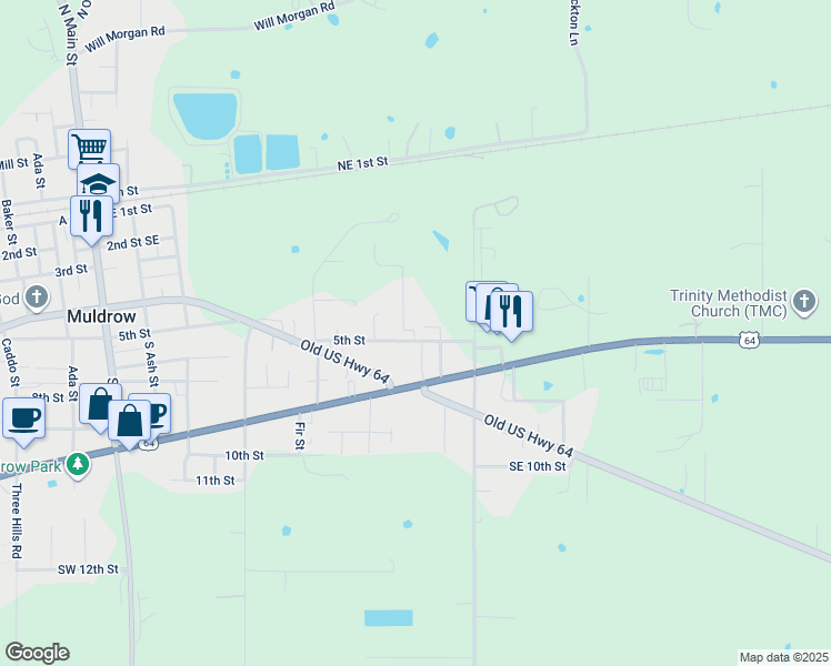 map of restaurants, bars, coffee shops, grocery stores, and more near Juniper Lane in Muldrow