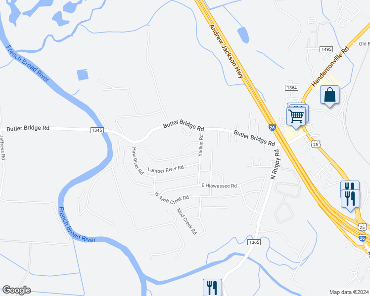 map of restaurants, bars, coffee shops, grocery stores, and more near 87 Chowan Drive in Fletcher
