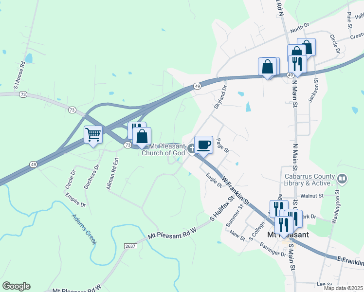 map of restaurants, bars, coffee shops, grocery stores, and more near 7859 North Carolina 73 in Mount Pleasant