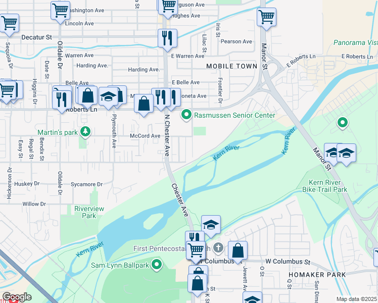 map of restaurants, bars, coffee shops, grocery stores, and more near 123 Hart Street in Bakersfield