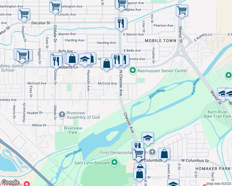 map of restaurants, bars, coffee shops, grocery stores, and more near 107 North Chester Avenue in Bakersfield