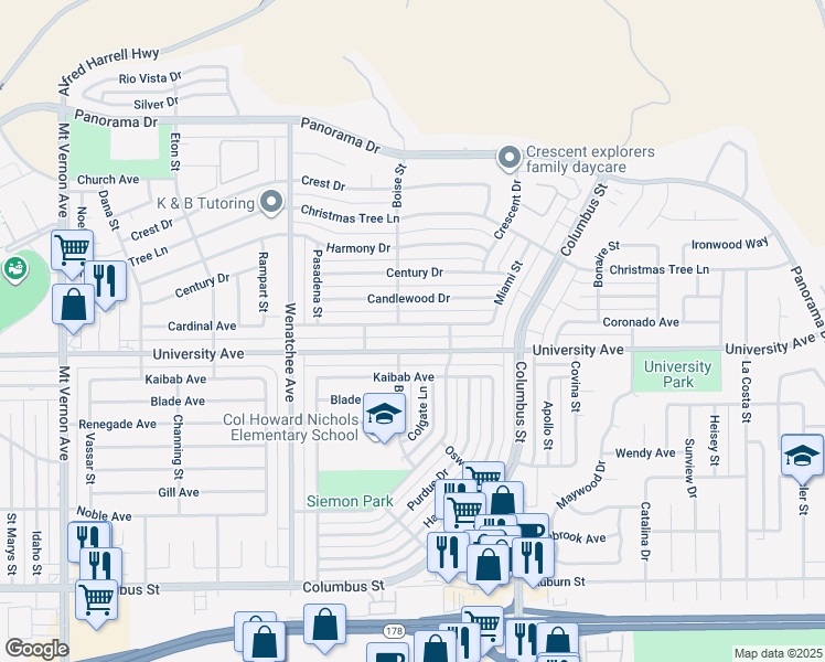 map of restaurants, bars, coffee shops, grocery stores, and more near 3509 Cardinal Avenue in Bakersfield