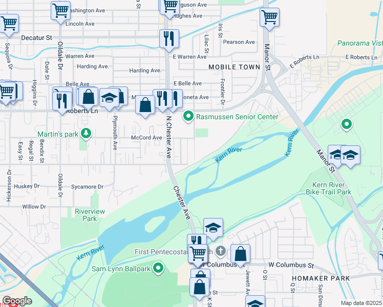 map of restaurants, bars, coffee shops, grocery stores, and more near 123 Hart Street in Bakersfield