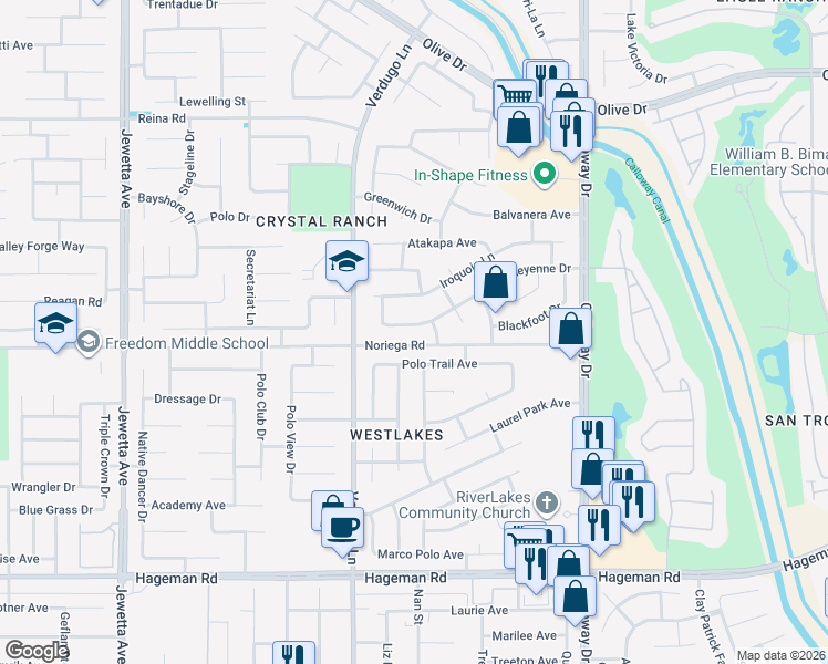 map of restaurants, bars, coffee shops, grocery stores, and more near 10310 Cheyenne Drive in Bakersfield