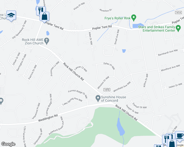 map of restaurants, bars, coffee shops, grocery stores, and more near 647 Lancer Court Northwest in Concord