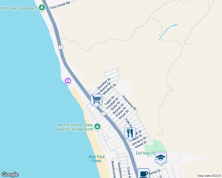 map of restaurants, bars, coffee shops, grocery stores, and more near 482 Yerba Buena Street in Morro Bay